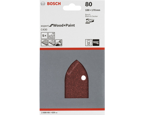 Papier abrasif Bosch Expert pour bois et peinture, grain 80, dimensions 100 x 170 millimètres, 5 pièces