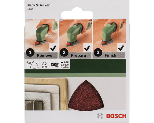 Ensemble de papier abrasif Black and Decker, grain fin, six pièces, 82 millimètres
