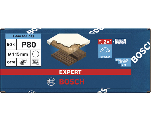 Papier abrasif Bosch Expert, grain P80, diamètre 115 mm, 50 pièces