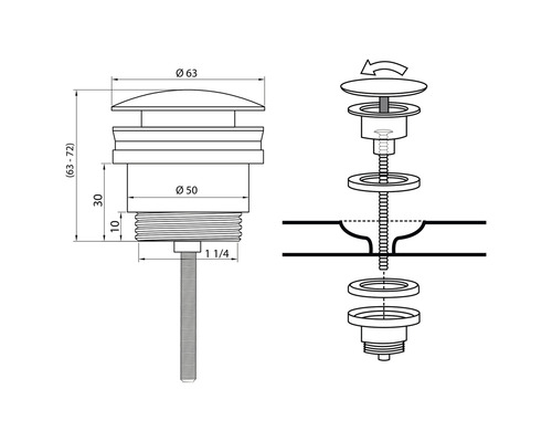 Schéma d''une valve de vidange avec les dimensions correspondantes