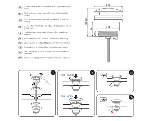 Schéma technique d''une soupape de vidange pour lavabos avec trop-plein, instructions de montage incluses