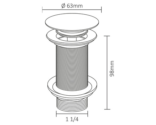 Dessin d''une valve de vidange avec des dimensions de 63 mm de diamètre et 98 mm de hauteur