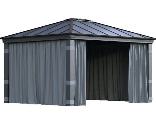 Pavillon avec toit et rideaux pour le jardin