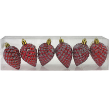 Six boules de sapin de Noël rouges en forme de pomme de pin dans un emballage transparent