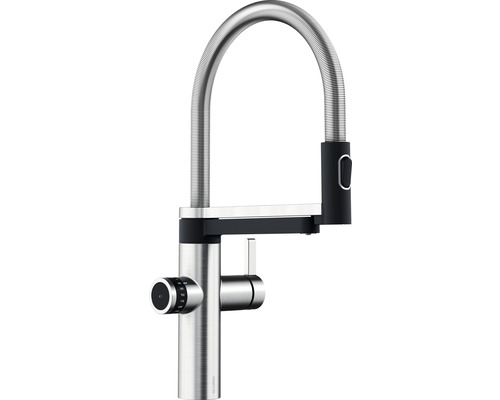 Robinetterie de cuisine Blanco drink.filter EVOL-S Pro 3-en-1 PVD acier 526311 Robinet de cuisine en acier inoxydable avec tuyau de douche