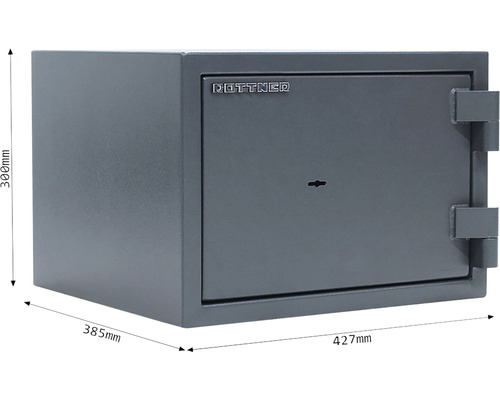 Grauer Rottner Tresor mit den Maßen 300 x 385 x 427 Millimeter.
