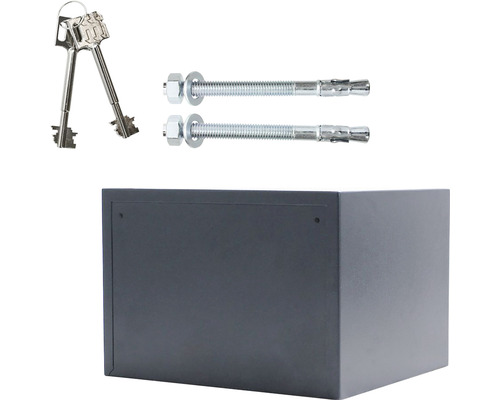 Grauer Möbeltresor mit Schlüsseln und Befestigungsmaterial