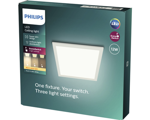 Philips LED Panel Scene Switch quadratisch weiss 12 W 1100 lm 2700 K Ø 328 mm Verpackung einer Philips LED Deckenleuchte mit SceneSwitch Funktion und 12 Watt Leistung