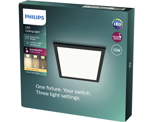 Philips LED Panel Scene Switch quadratisch schwarz 12 W 1100 lm 2700 K Ø 328 mm Verpackung einer Philips LED Deckenleuchte mit drei Lichteinstellungen