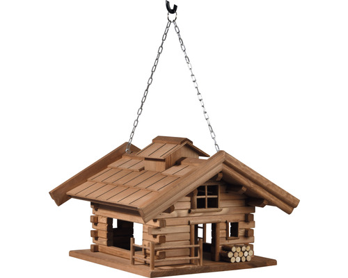 Abri-mangeoire pour oiseaux refuge de montagne avec chaîne de suspension 36,5x37x26 cm Cabane à oiseaux suspendue en bois, style chalet