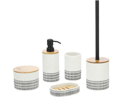 Fünfteiliges Badaccessoire Set mit Seifenspender, Becher, Seifenschale, Toilettenbürste und Behälter