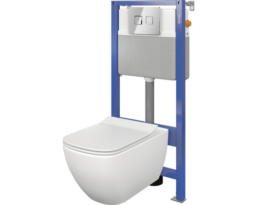 Wand-WC-Set Cersanit Virgo Tiefspüler ohne Spülrand weiss glänzend mit WC-Sitz , Vorwandelement und Betätigungsplatte chrom