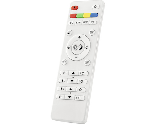 Weisse Fernbedienung für Beleuchtung mit verschiedenen Tasten zur Steuerung von Lichteffekten und Helligkeit