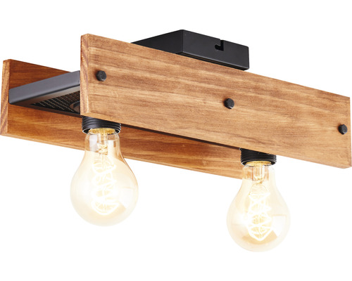 Deckenleuchte mit Holzbalken und zwei Glühbirnen