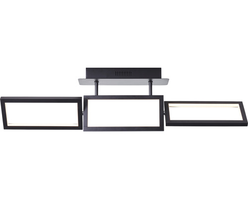Schwarze Deckenleuchte mit drei rechteckigen LED-Panels.