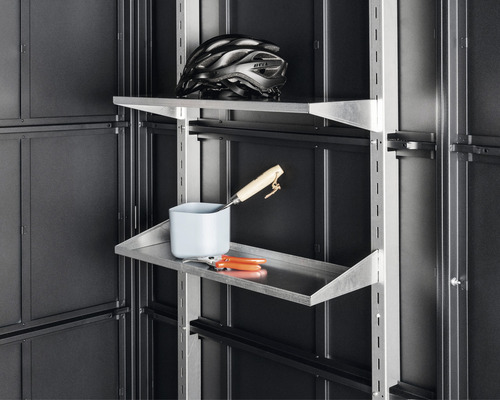 Tablettes Hörmann EcoStar 25 x 67,4 cm 2 pièces Système d''étagères dans un espace de stockage avec casque de vélo, pot, sécateur et plantoir
