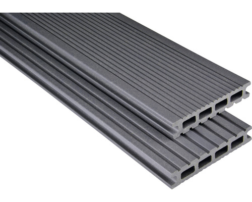 Konsta WPC Terrassendiele Futura Hohlkammerprofil mattiert 26x145 mm (Meterware ab 1,00 m bis max. 6,00 m) grau Zwei graue Terrassendielen aus Kunststoff im Querschnitt