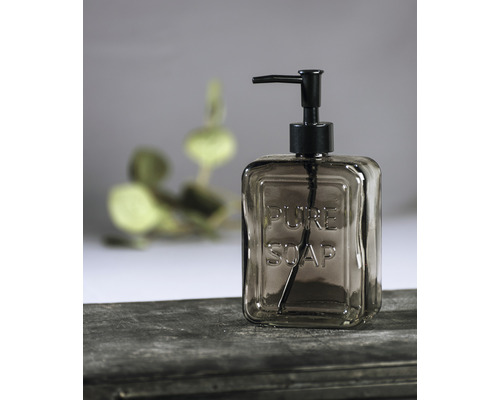 Seifenspender aus Glas mit Aufschrift Pure Soap