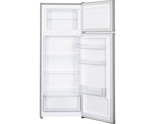 Geöffneter Kühlschrank mit Regalen und Gefrierfach