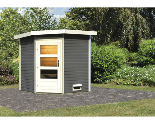 Chalet sauna Karibu Rubin 1 sans poêle, avec porte en bois et verre transparent gris terre cuite/blanc