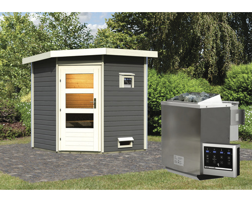 Chalet sauna Karibu Rubin 1 avec poêle bio 9 kW et commande externe, avec porte en bois avec verre transparent gris terre cuite/blanc