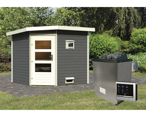 Chalet sauna Karibu Rubin 3 avec poêle 9 kW et commande externe, avec porte en bois avec verre transparent gris terre cuite/blanc