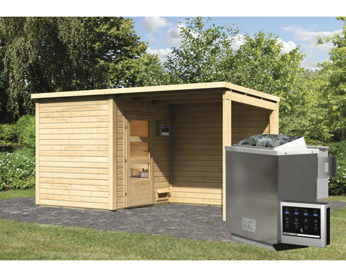 Chalet sauna Karibu Pepper 2 avec poêle bio 9 kW, commande externe et auvent avec porte en bois et verre isolé thermiquement