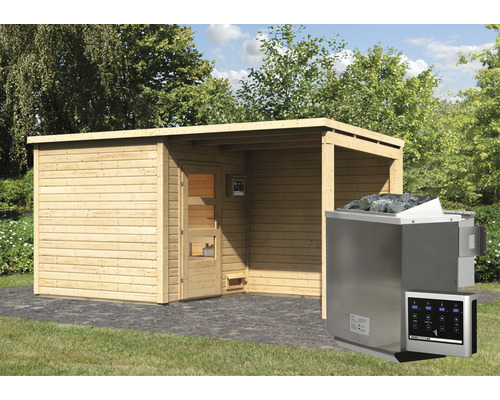 Chalet sauna Karibu Pepper 3 avec poêle bio 9 kW, commande externe et auvent avec porte en bois et verre isolé thermiquement