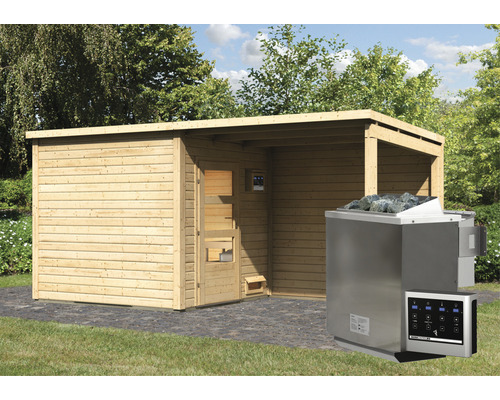 Chalet sauna Karibu Pepper 3, avec poêle bio 9 kW, commande externe et auvent avec porte en bois et verre isolé thermiquement