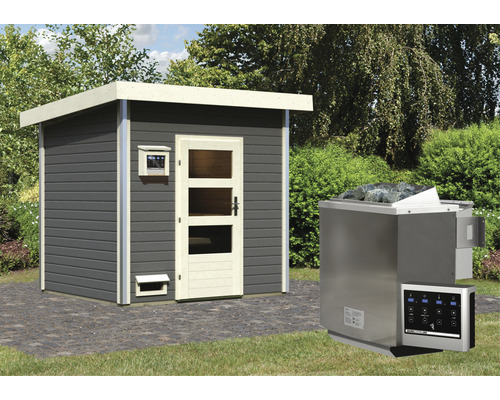 Chalet sauna Karibu Opal 4 avec poêle bio 9 kW et commande externe avec porte en bois et verre à isolation thermique gris terre cuite/blanc