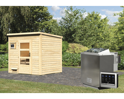 Chalet sauna Karibu Pepper 3, avec poêle bio 9 kW et commande externe, sans auvent avec porte en bois et verre isolé thermiquement