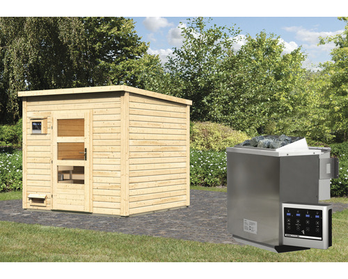 Chalet sauna Karibu Pepper 3, avec poêle bio 9 kW et commande externe, sans auvent avec porte en bois et verre isolé thermiquement