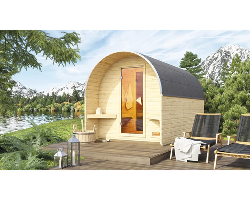 Sauna tonneau Karibu Fassy 3 avec poêle 9 kW et commande externe avec porte entièrement vitrée en verre transparent