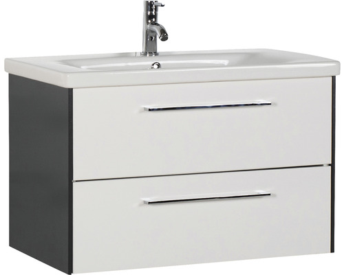 Waschbecken mit Unterschrank Marlin 3400 BxHxT 80x90x45.5 cm Frontfarbe weiss Waschtischunterschrank mit zwei Schubladen, Waschtisch und Armatur