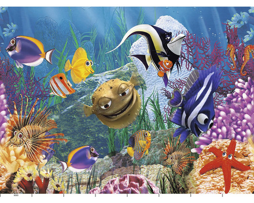 Illustration einer Unterwasserwelt mit verschiedenen Fischen, Korallen und Meeresbewohnern