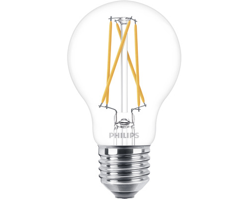 Ampoule LED fonction de variation A60 transparent E27/3,4W(40W) 470 lm 2200- 2700 K blanc chaud Warm Glow Ampoule LED transparente Philips avec culot à vis