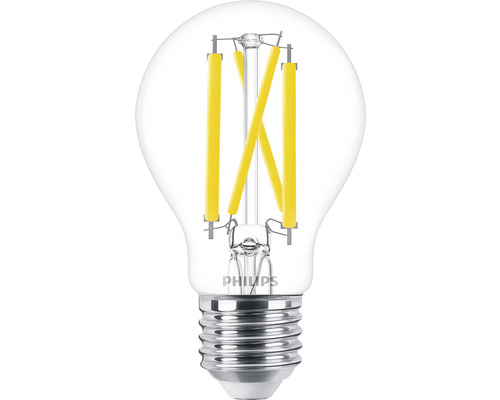 Ampoule LED fonction de variation A60 transparent E27/11,5W(100W) 1560 lm 2200- 2700 K blanc chaud Warm Glow Logo Philips. Ampoule LED claire en forme de poire avec culot E27