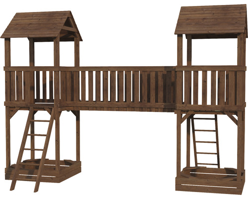 Spielanlage aus Holz mit zwei Spieltürmen, Sandkästen und einer Brücke