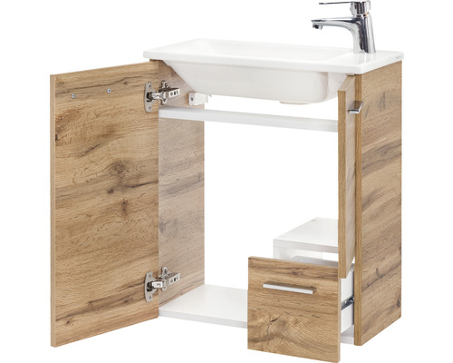 Waschtischunterschrank mit offener Tür und Schublade