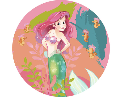Papier peint panoramique autocollant DD1-017 Dot Ariel Happy Coral Ø 125 cm Illustration d''Ariel la petite sirène avec des hippocampes