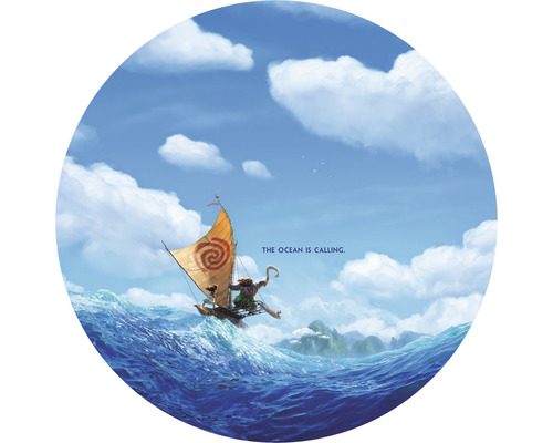 Papier peint panoramique autocollant DD1-019 Dot Moana Ocean is calling Ø 125 cm Illustration d''un voilier sur l''océan avec l''inscription L''océan appelle