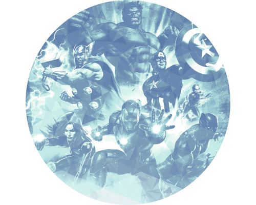 Papier peint panoramique autocollant DD1-031 Dot Avengers Blue Power Ø 125 cm Illustration des Marvel Avengers avec Hulk, Thor, Captain America, Iron Man, Black Widow et Black Panther