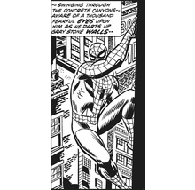 Image de bande dessinée de Spider-Man se balançant dans des canyons urbains