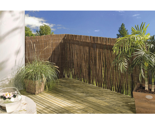 Terrasse avec écran d''intimité en roseau, plancher en bois et plantes en pot.