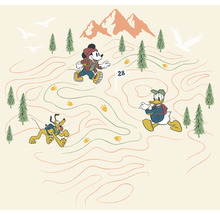 Illustration avec Mickey Mouse, Donald Duck et Pluto faisant de la randonnée en montagne