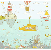 Illustrierte Unterwasserwelt mit Leuchtturm, U-Boot, Segelboot, Heißluftballon und Meerestieren