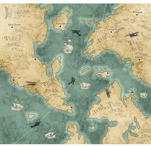 Carte illustrée avec îles, côtes, navires et avions