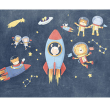 Illustration mit Tieren in Astronautenkostümen, Raketen und Sternen auf dunklem Hintergrund
