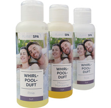 Drei Flaschen Whirlpool-Duft mit den Duftnoten Pinie, Pfirsich-Mandarine und Rose