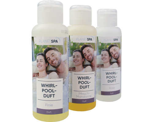 Drei Flaschen Whirlpool-Duft mit den Duftnoten Pinie, Pfirsich-Mandarine und Rose